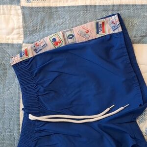70s Italian Kitschy Blue Running Shorts Credit Card Graphics XSmall